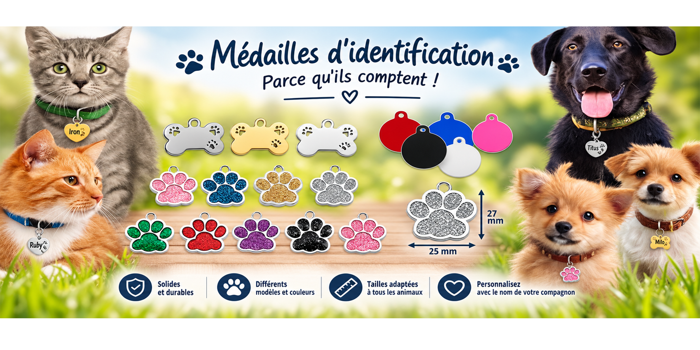 Médaille en forme de patte pour animal, proposée à la personnalisation